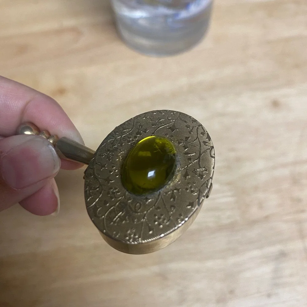 Vintage Pill Box Trinket Case Gold Tone Yellow/Green Cabochon Etched Floral
